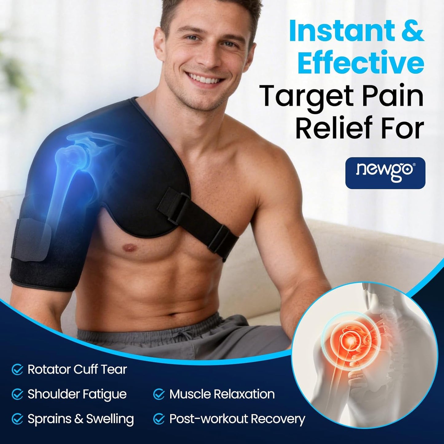 NEWGO Shoulder Ice Pack Rotator Cuff Cold Therapy, 45-Min Long-Lasting Ice Packs for Shoulder & Arm with Ice Grid Design, Flexible Cold Compression Wrap for Post-Surgery, Muscle Relaxation & Swelling