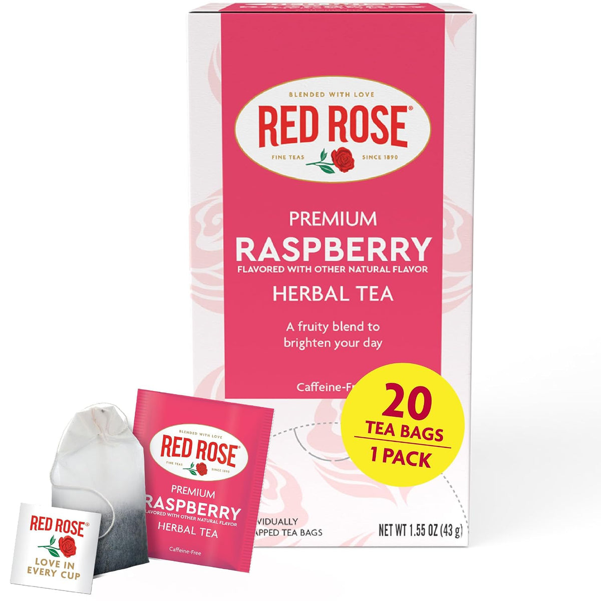 Red Rose Raspberry Herbal Tea Refreshing & Fruity Brewed Naturally Flavored Tea with 20 Individually Wrapped Tea Bags Per Box Caffeine Free Brew Hot