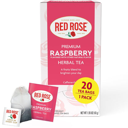 Red Rose Raspberry Herbal Tea Refreshing & Fruity Brewed Naturally Flavored Tea with 20 Individually Wrapped Tea Bags Per Box Caffeine Free Brew Hot