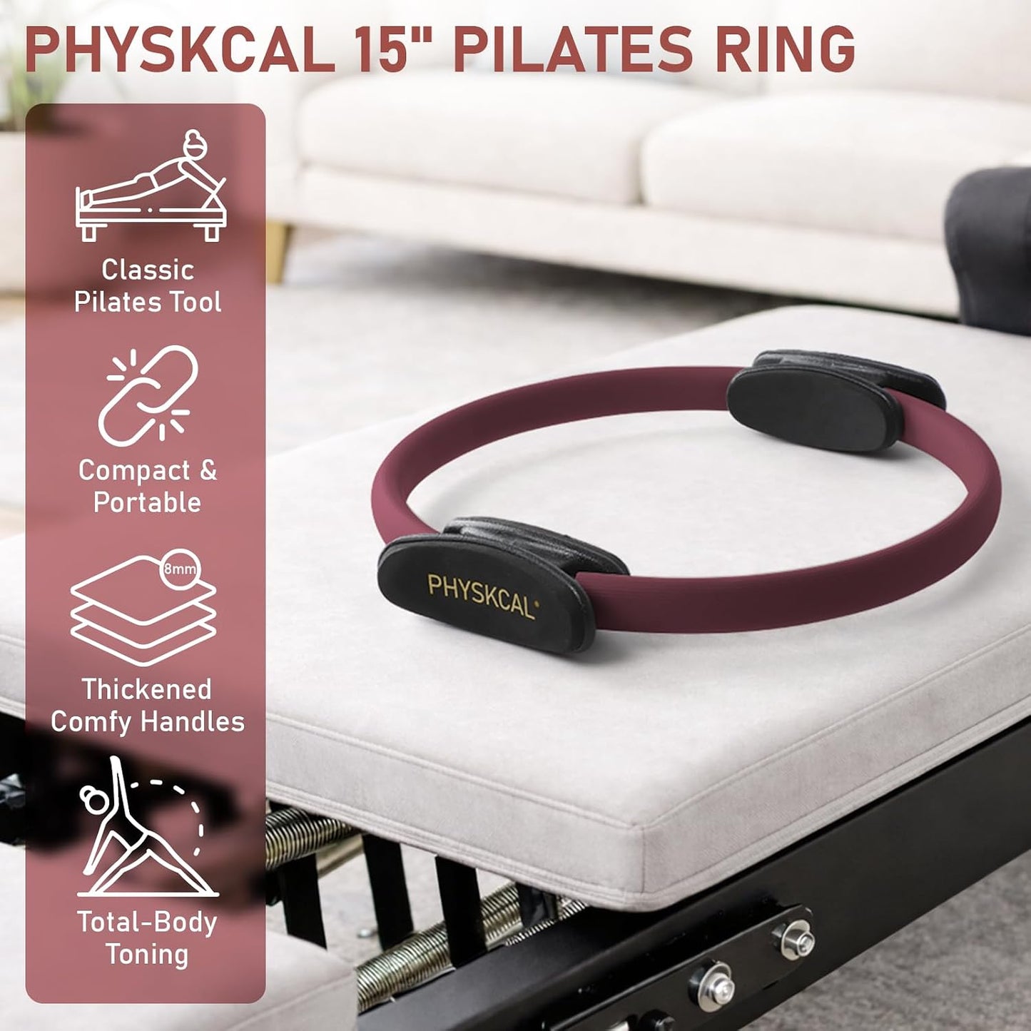 PhysKcal Pilates Ring, 15-Inch Magic Circle with Thick Padded Handle | Pilates Equipment for Toning Inner Thighs, Arms and Strengthening Cores with Workout Sheet Included