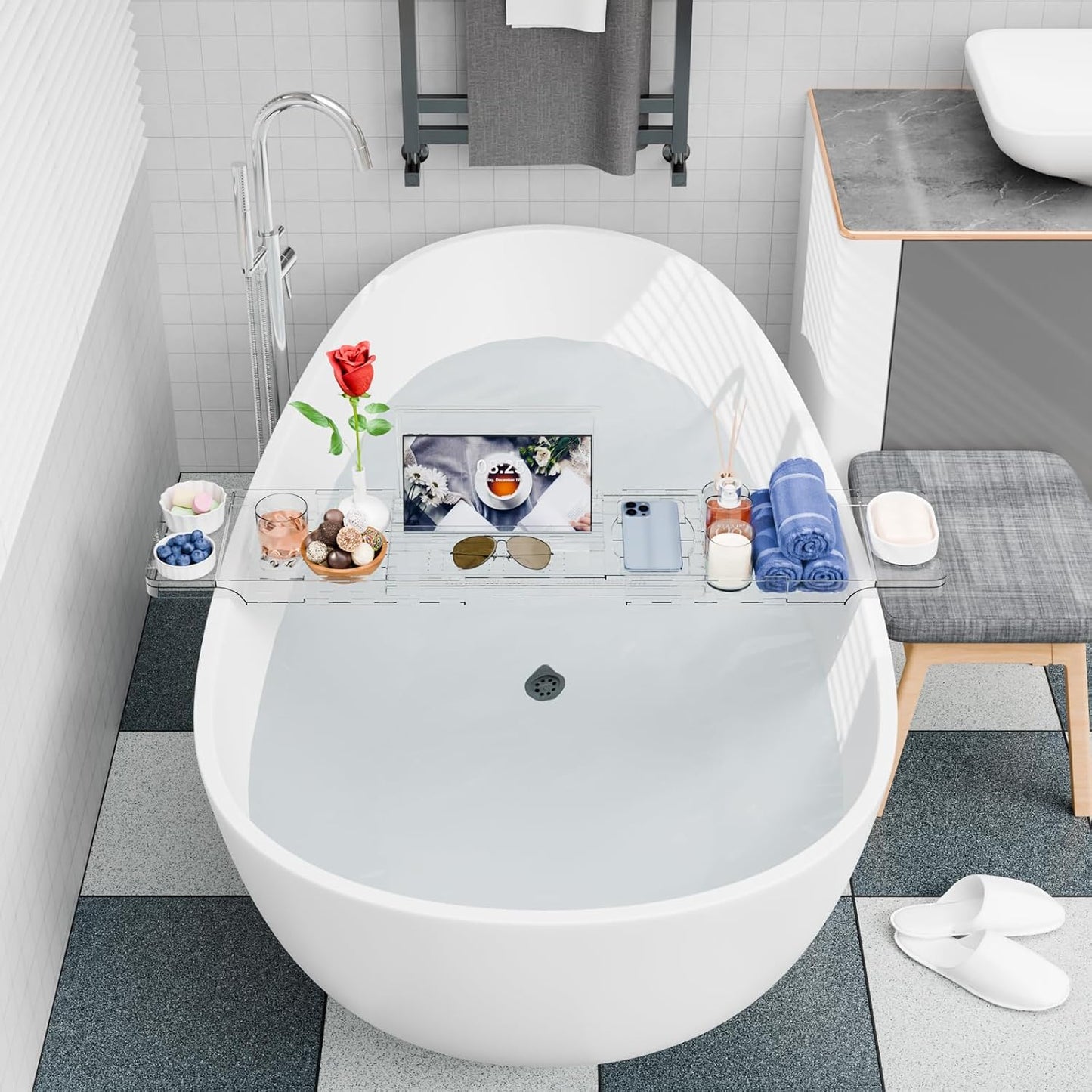 Yieach Luxury Clear Acrylic Bathtub Tray with Book Holder,Expandable Bath Tray for Tub and Bath Shelf Over Tub,Plastic Bath Table & Board,Bath Caddy Trays & Accessories for Women Relaxing Spa Gifts