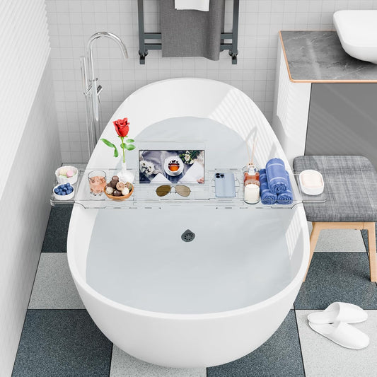 Yieach Luxury Clear Acrylic Bathtub Tray with Book Holder,Expandable Bath Tray for Tub and Bath Shelf Over Tub,Plastic Bath Table & Board,Bath Caddy Trays & Accessories for Women Relaxing Spa Gifts