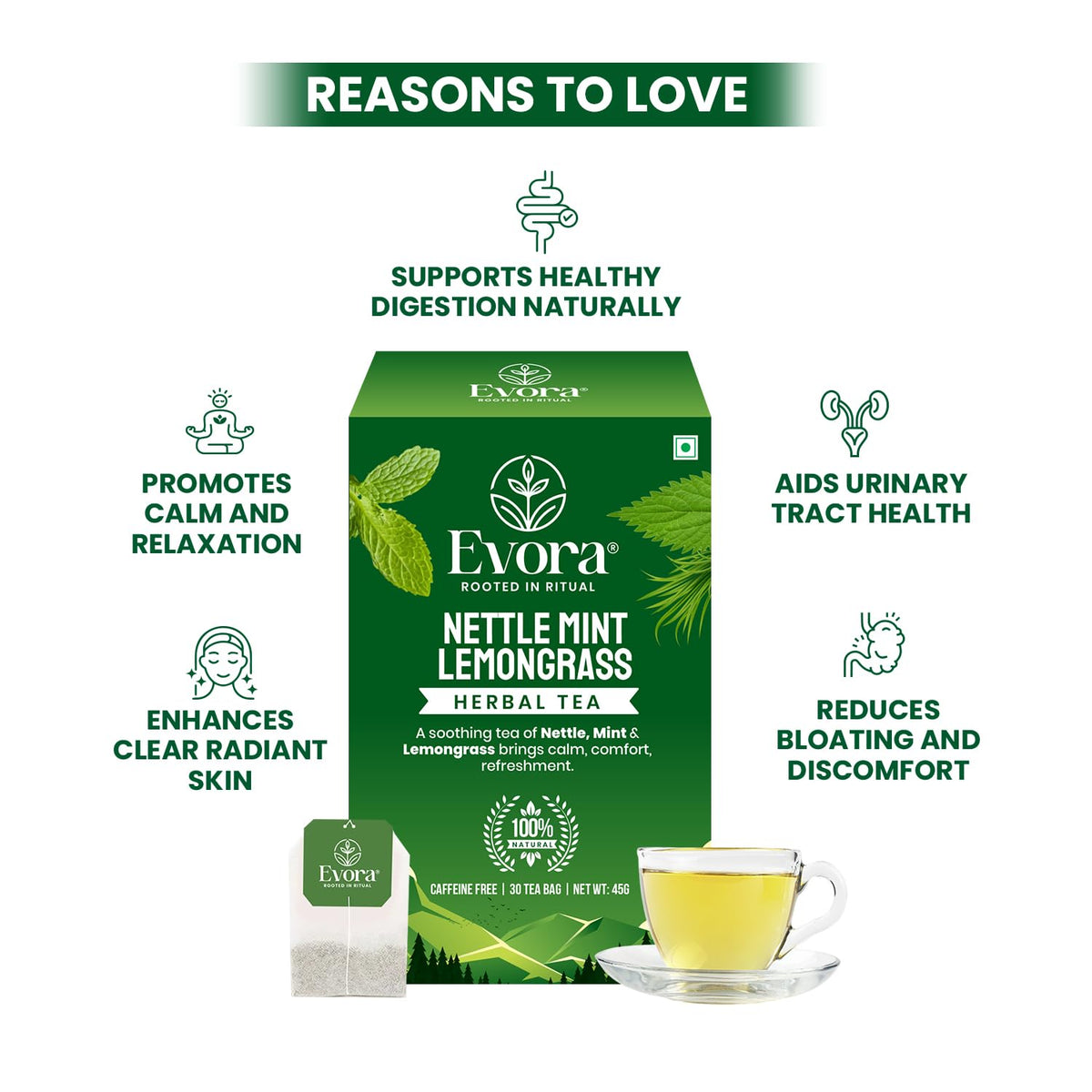 EVORA Nettle Leaf, Mint and Lemongrass Tea - 30 Ayurvedic Herbal Tea Bags