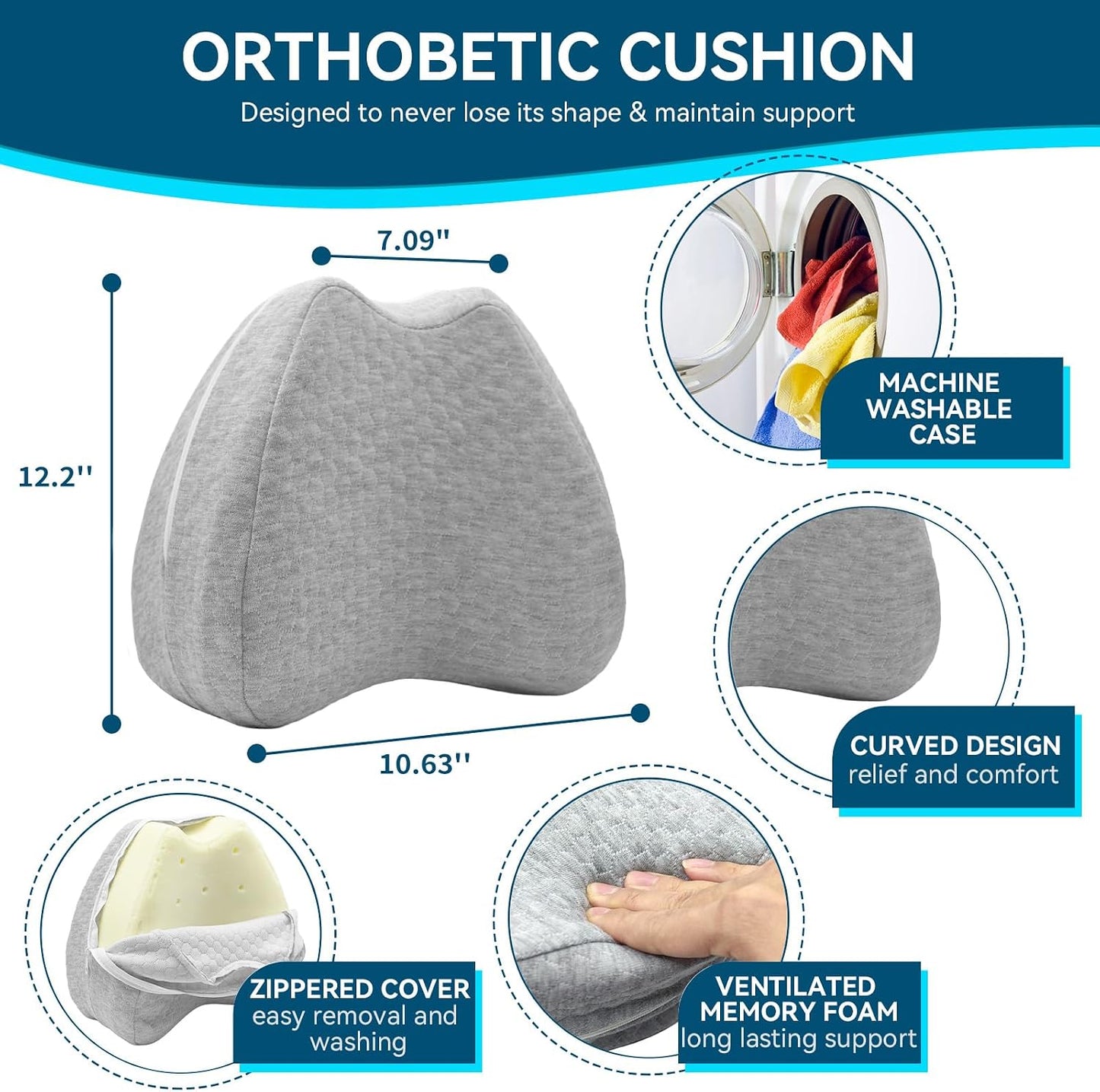QISHFEN Knee Pillow for Side Sleepers Hip Pain Memory Foam - Leg Pillow for Side Sleeping Back, Sciatica, Knee Pain Relief - Side Sleeper Pillows with Washable Cover (1 Pack)