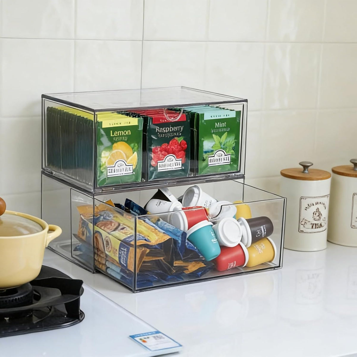 CLUQMEIK 2 Large Acrylic Tea Bag Organizer, 9 Grids Tea Organizers and Storage with Acrylic Drawers Stackable, Teabag Holder Organizer for Counter Countertop Kitchen Cabinet