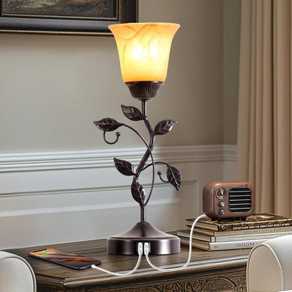 Touch Control Table Lamp with 2 USB Charging Ports, 3-Way Dimmable Bedside Nightstand Lamps, Amber Glass Shade Vintage Rural Leaf Lamp for Living Room, Bedroom, Dresser, LED Bulb Included (Bronze)