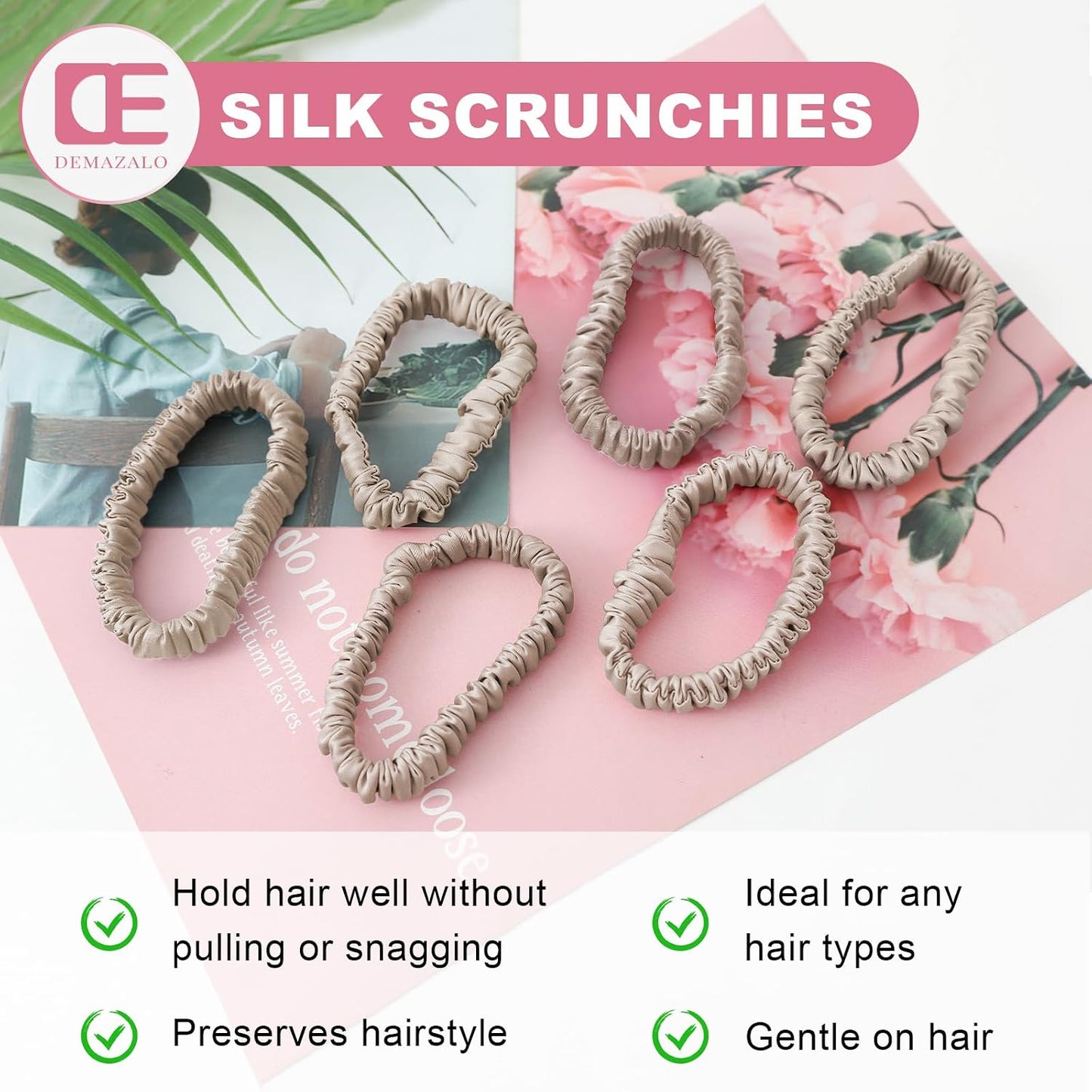 6Pcs Silk Hair Ties 100% Pure Mulberry Silk Scrunchies for Women Girls | No Hair Crease, Anti Frizz, Gentle Hold, No Damage, Black Brown Pink