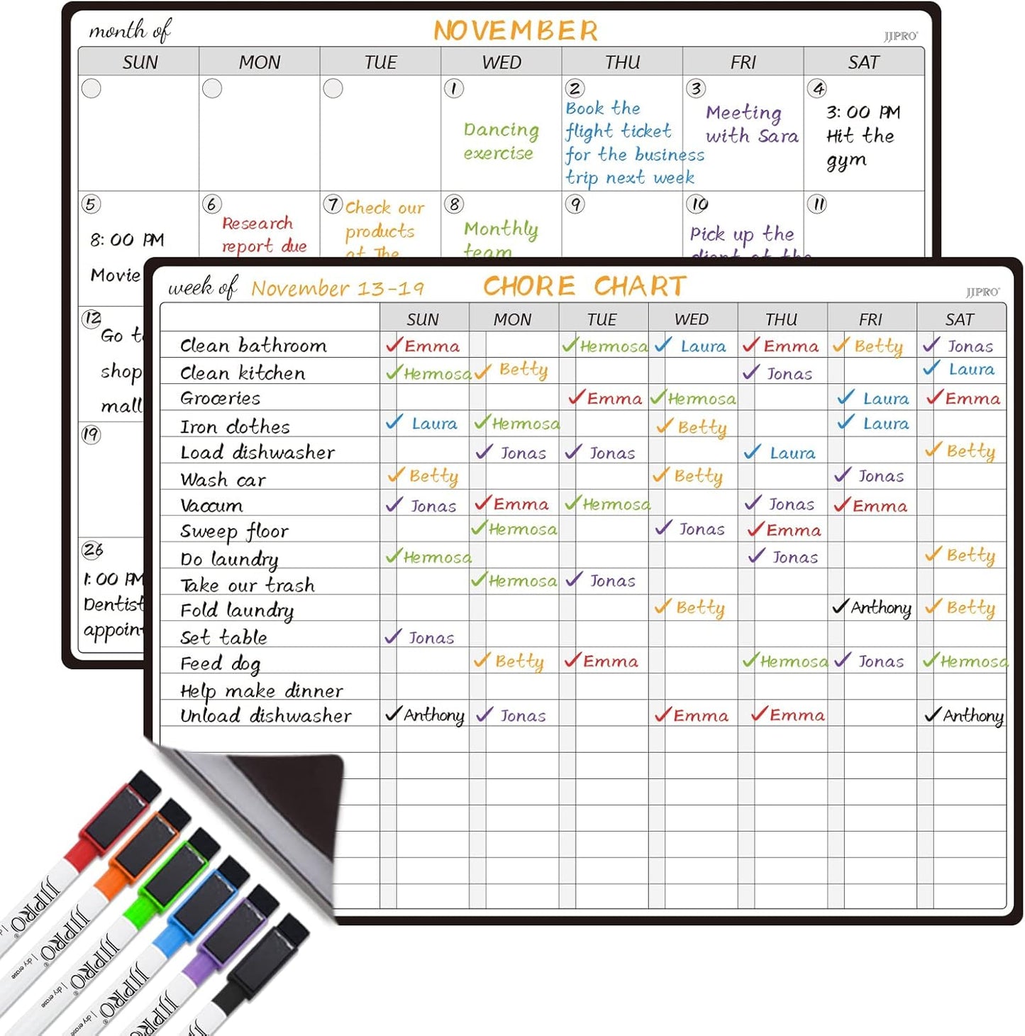JJPRO Magnetic Monthly Calendar Whiteboard Set for Fridge-Monthly Planning Board and Two Bonus Dry Erase Grocery Board&Weekly Menu Board-Meal Planner Whiteboard/to-Do List-6 Markers