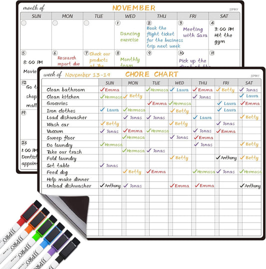 JJPRO Magnetic Monthly Calendar Whiteboard Set for Fridge-Monthly Planning Board and Two Bonus Dry Erase Grocery Board&Weekly Menu Board-Meal Planner Whiteboard/to-Do List-6 Markers