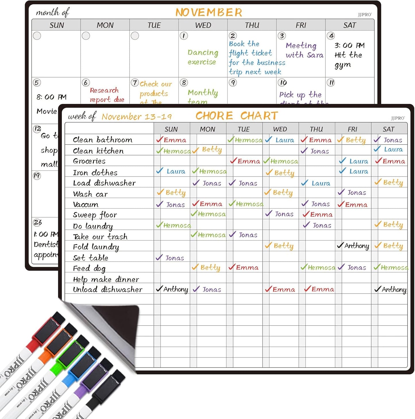 JJPRO Magnetic Monthly Calendar Whiteboard Set for Fridge-Monthly Planning Board and Two Bonus Dry Erase Grocery Board&Weekly Menu Board-Meal Planner Whiteboard/to-Do List-6 Markers