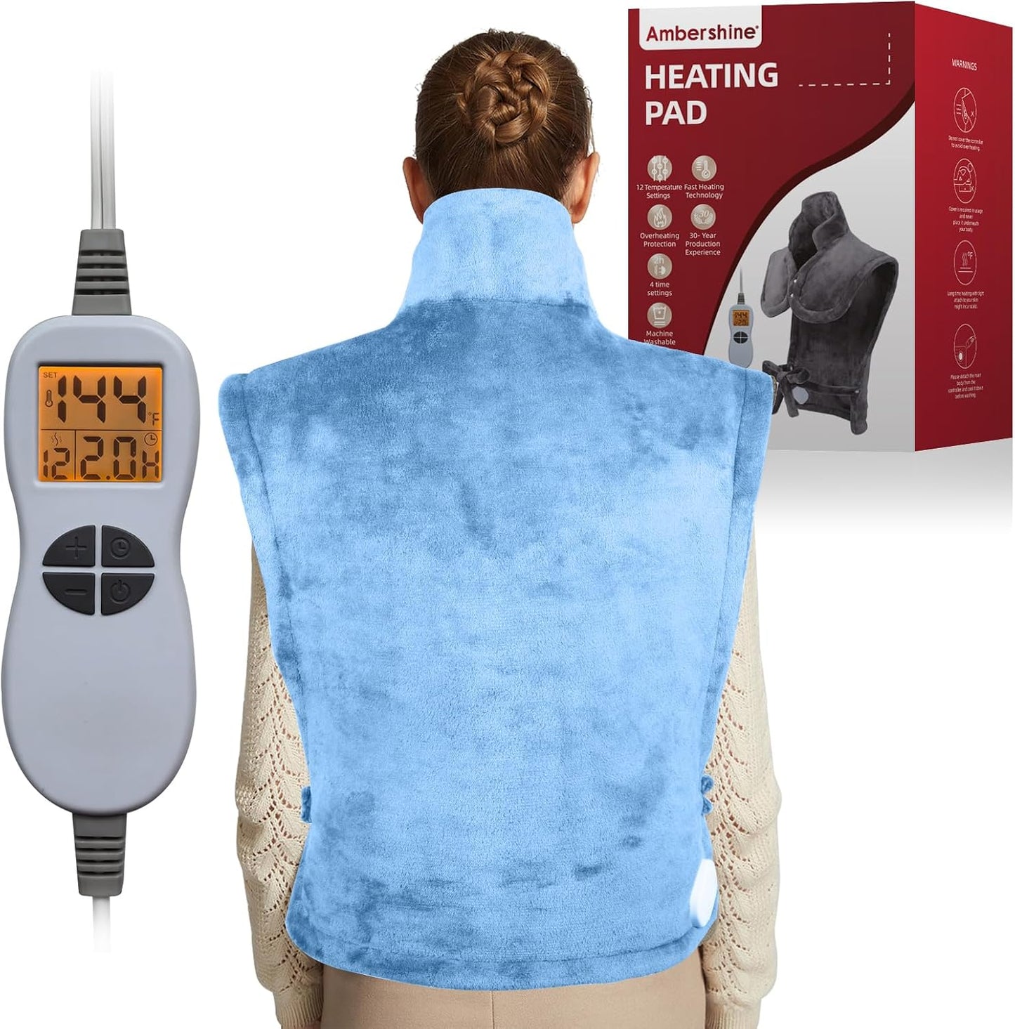 Ambershine 17''x33'' XXXL King Size Heating Pad with 12 Temperature Settings & 4 Auto-Off Countdown Timers, Pain Relief for Back/Neck/Shoulders/Abdomen/Legs(Dark Teal)