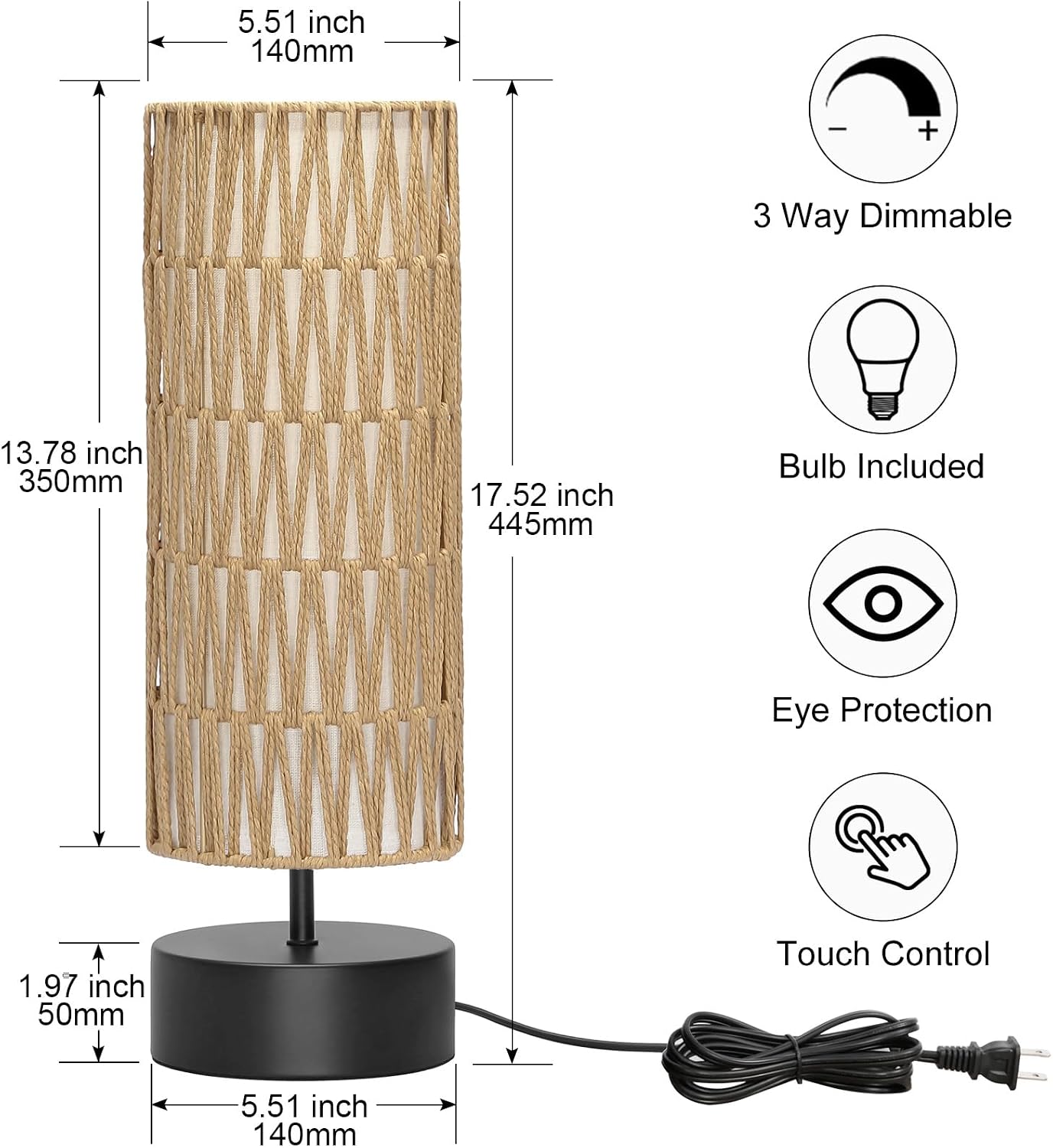 Touch Table Lamp, 3-Way Dimmable Modern Minimalist Accent Bedside Lamp with Cylinder Fabric Shade, Night Light Nightstand Desk Lamp for Bedroom Living Room Kitchen, 9W LED Bulb Included