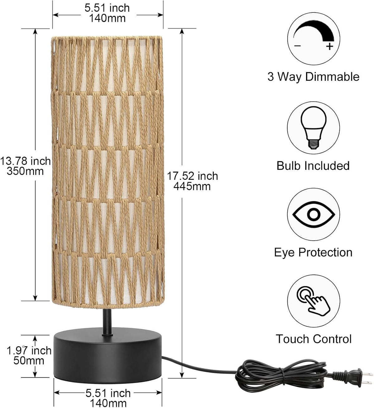 Touch Table Lamp, 3-Way Dimmable Bedside Lamp with Cylinder Fabric Shade