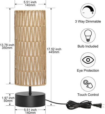 Touch Table Lamp, 3-Way Dimmable Bedside Lamp with Cylinder Fabric Shade