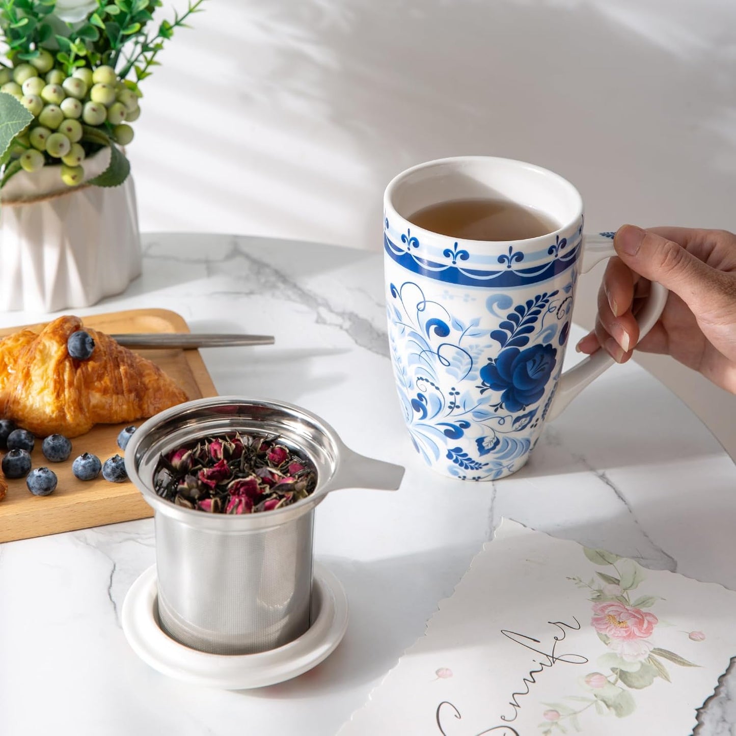 GBhome Tea Mug with Infuser and Lid, 18 Ounce Large Ceramic Loose Leaf Cup, Microwave, Dishwasher Safe, Perfect for Tea Lovers