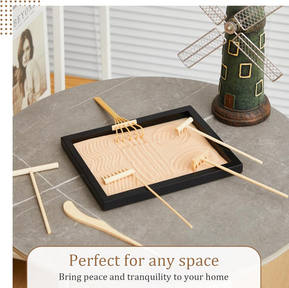 Soulchen 8 Pcs Mini Zen Garden Kit for Table Decor DIY Your Own Zen Garden 8.5" x 6.7" Japanese Sand Tray 6 Rake Tools Meditation Gifts Set for Home Office Tabletop Accessories Therapy Stress Relief