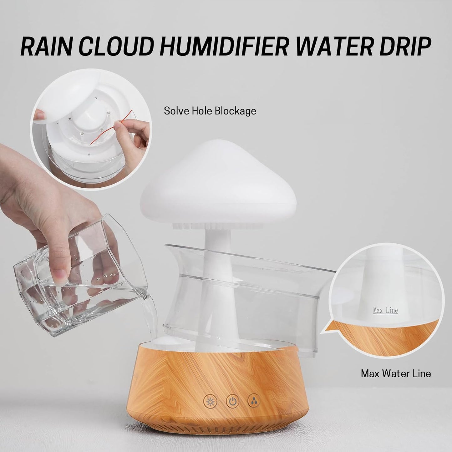 Rain Cloud Humidifier Water Drip - Mushroom Aroma Diffuser, Essential Oil Diffusers, 300ml White Noise Aromatherapy Diffusers with 7 Colors Cloud Lights for Home, Large Room, Office - White