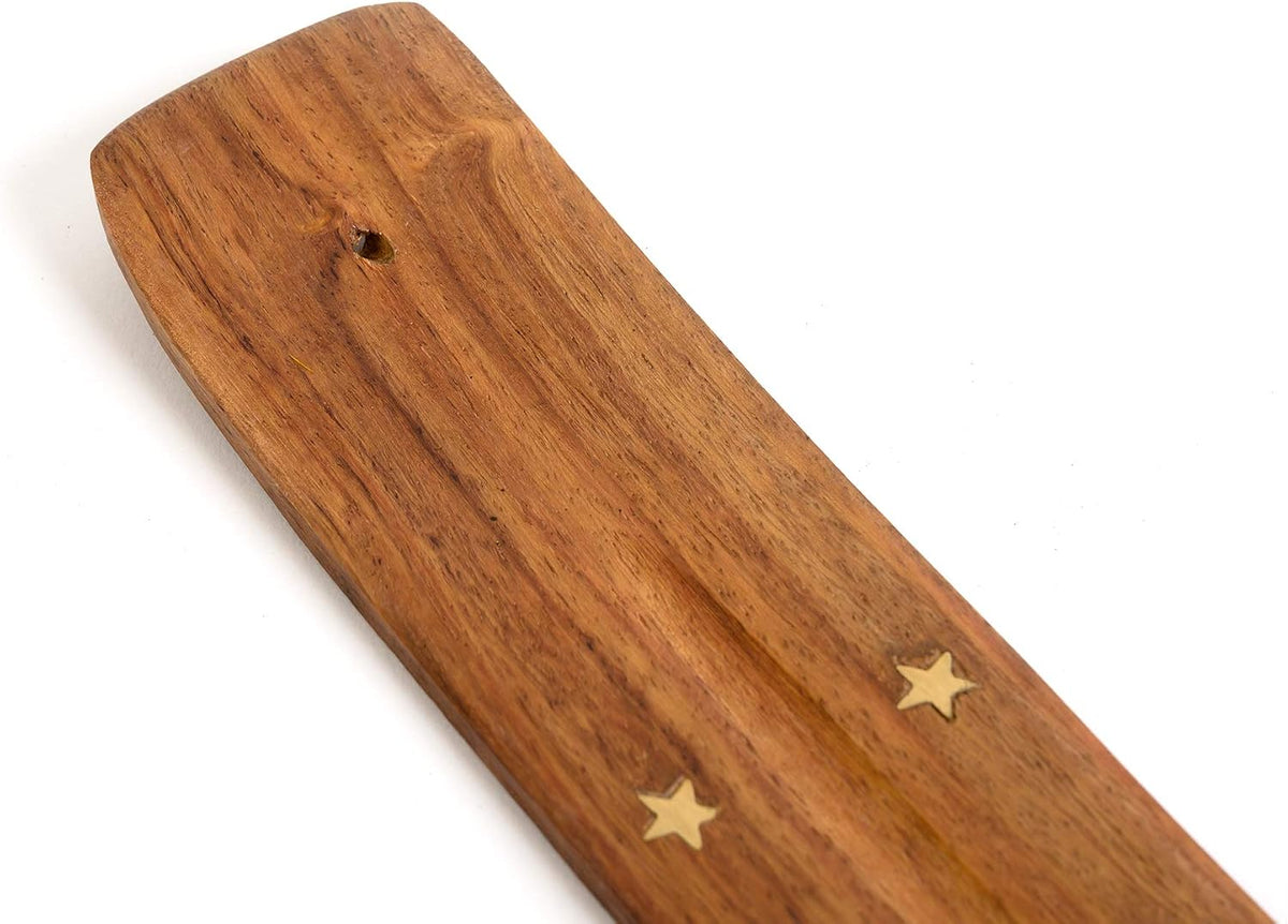 Wooden Incense Holder for Sticks with Inlays of Brass Crescent Moon 10 inches Long