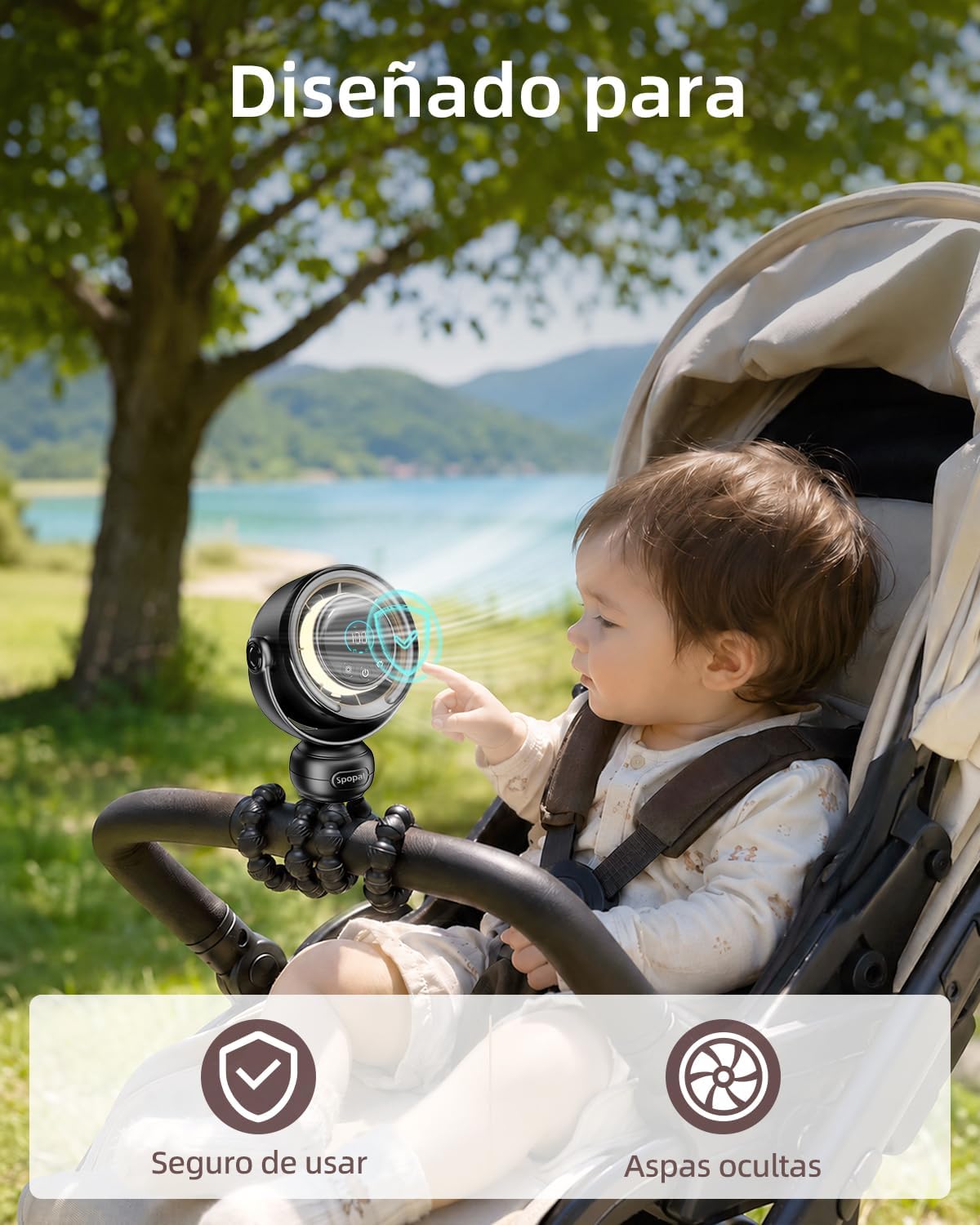 Spopal Portable Baby Stroller Fan, 120° Auto Swing, LED Display- Beige