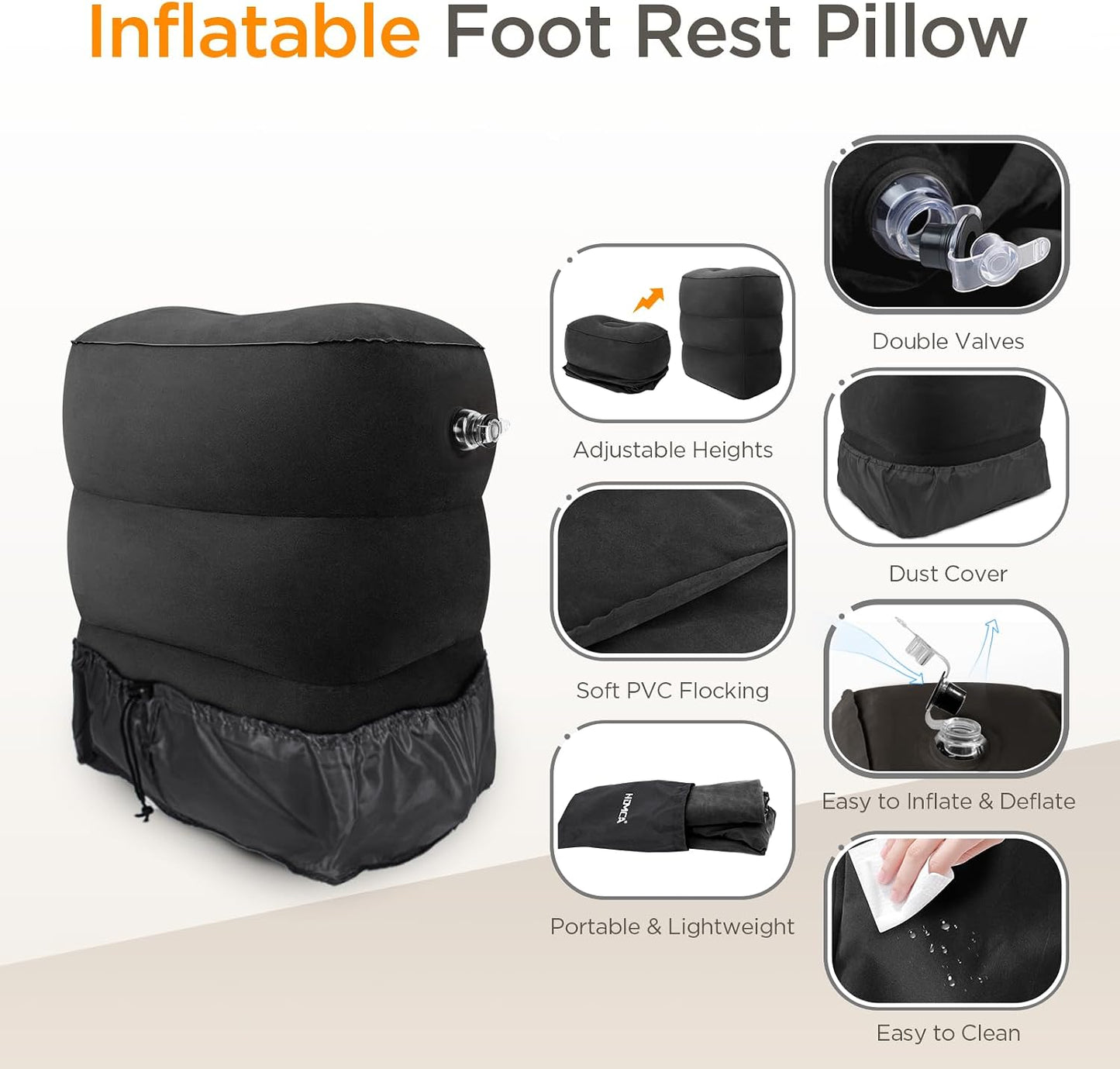 Inflatable Travel Foot Rest Pillow(2-Pack), HOMCA Adjustable Height Leg Pillow Fast Inflating Airplane Bed for Toddlers Footrest Pillow for Office, Airplane, Train, Cars, Home (Grey)
