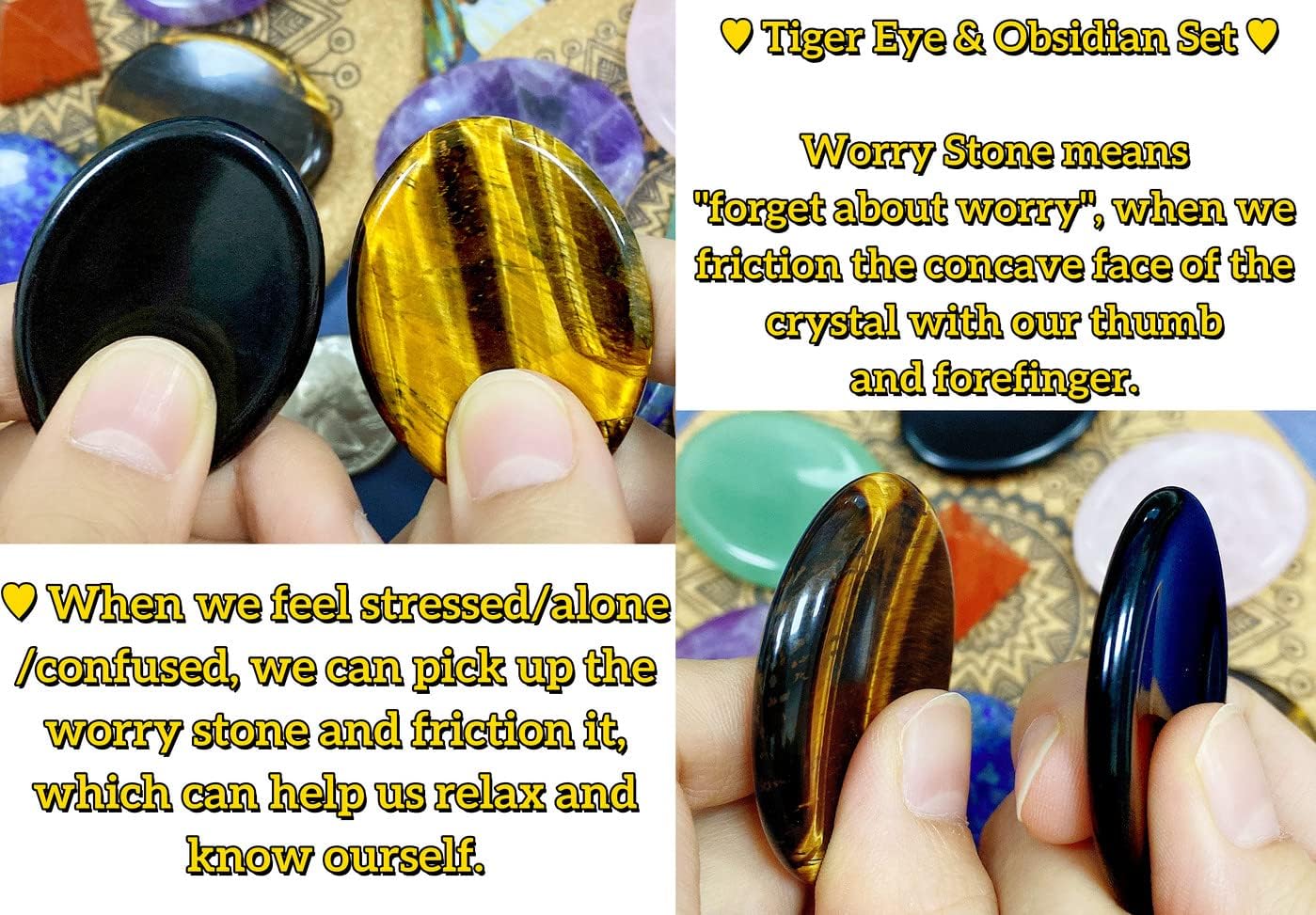 2PCS Worry Stone for Anxiety Tigers Eye Amethyst Healing Crystals Hand Thumb Stones Pocket Gemstones Meditation Accessories Oval Crystal Natural Relax Palm Stone Anxiety Relief Items Stocking Stuffers