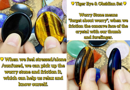 2PCS Worry Stone for Anxiety Tigers Eye Amethyst Healing Crystals Hand Thumb Stones Pocket Gemstones Meditation Accessories Oval Crystal Natural Relax Palm Stone Anxiety Relief Items Stocking Stuffers