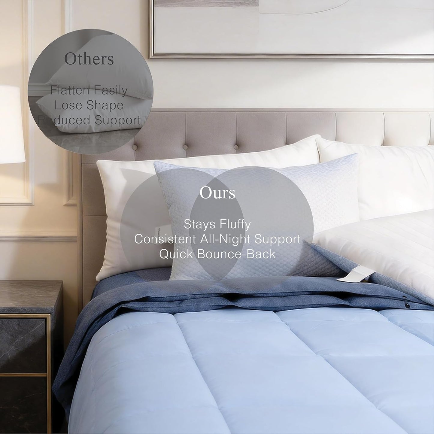 Blue Ridge Home Fashions Luxury Hotel Quality Cooling Pillows Queen Size Set of 2, Soft Touch Firm Support 500 Thread Count Damask Stripe Embroidered 100% Cotton Cover, Down Alternative