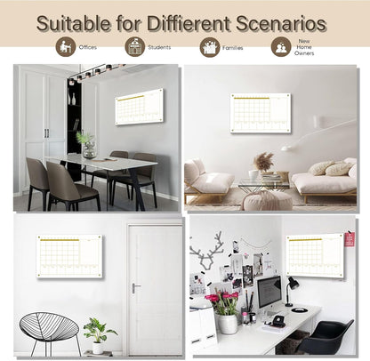 Black Glass 3-1 Monthly Dry Erase Calendar Whiteboard for Wall,24"x 36",Frameless Mounting,Office/School/Home, Frameless Large Planner White Board