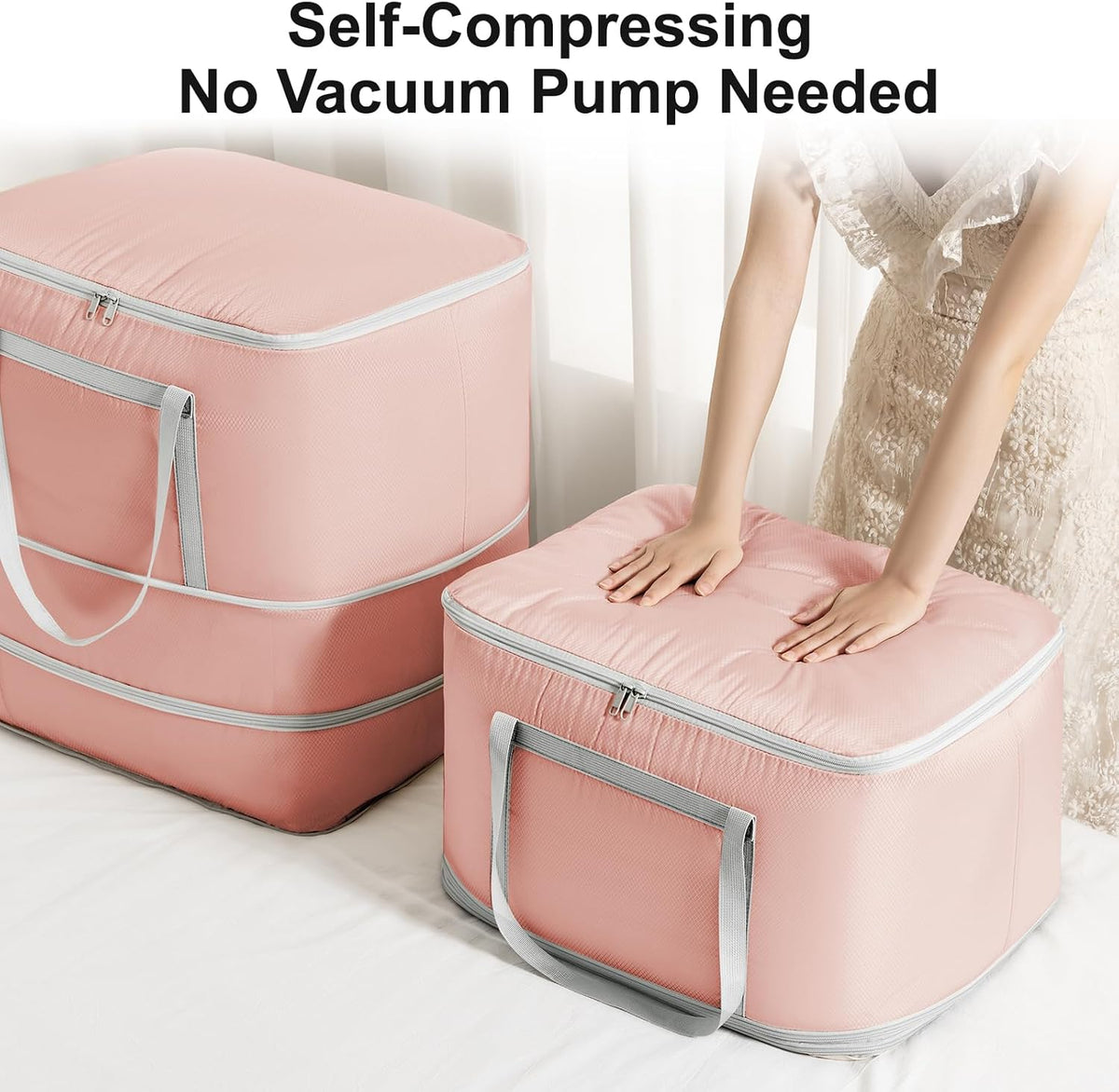 Comforter Storage Bag - 130L Large Capacity Blanket Storage Bags 4-Layer Ultra Space Saving Self Compression Organizer, Washable Compression Bags for Storage Comforter Blanket, Beige