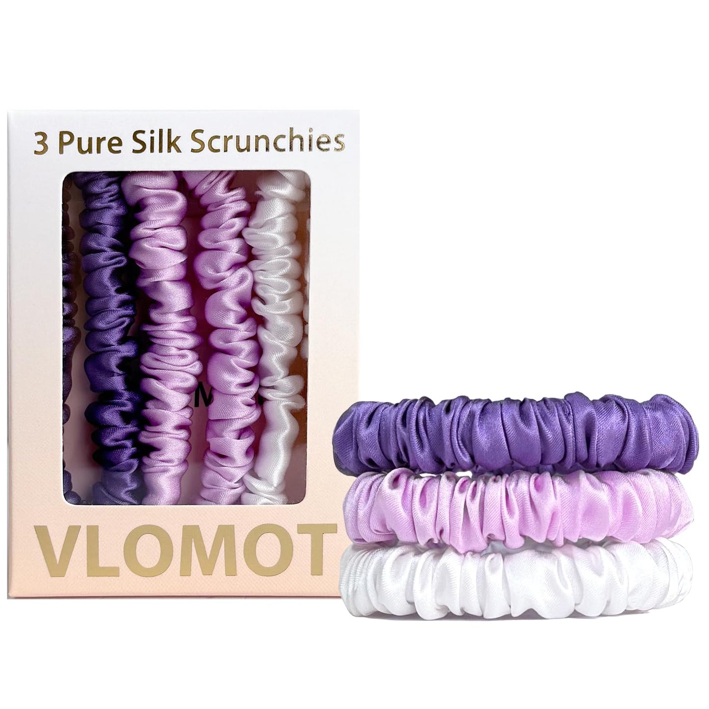 VLOMOT 3 Pcs Set 100% Pure Mulberry Silk Hair Scrunchies Hair Ties with 3 Chic Colors Everyday Skinny Scrunchies Silk Ponytail Holders Hair Care No Damage (Blue)