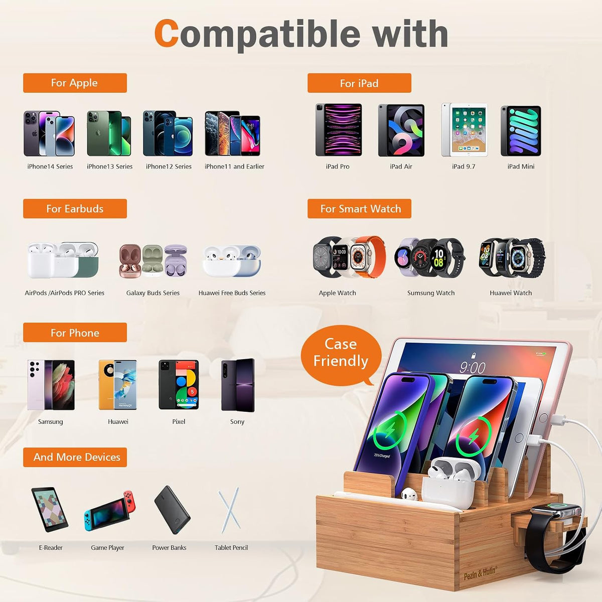 Bamboo Charging Station for Multiple Devices with USB Charger, 5 Cables