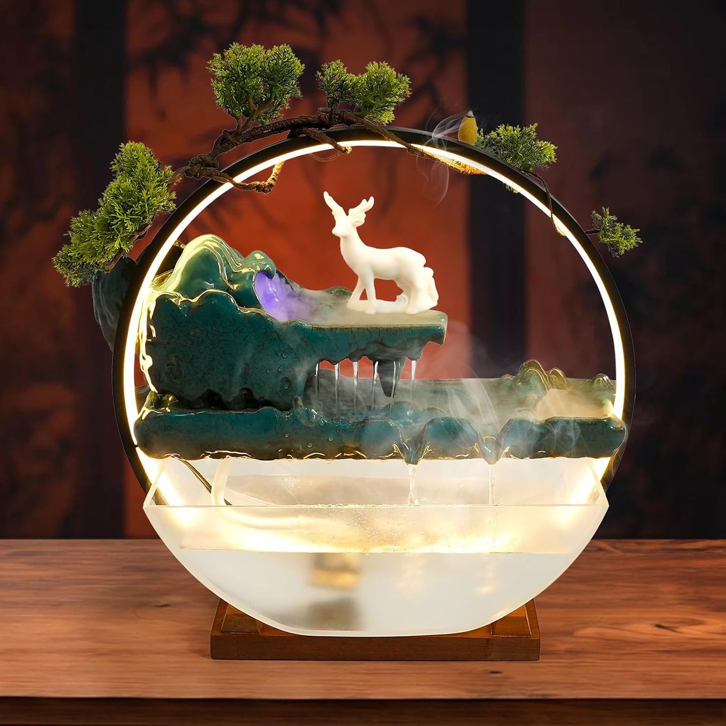 Mini Artificial Bonsai Tree Waterfall Fog Feature Rock Tabletop Fountain | 11in Desktop Decor Waterfall Fountain W/ Water Pump& Atomizer&LED Lights &Fake Tree Office Bedroom Relax