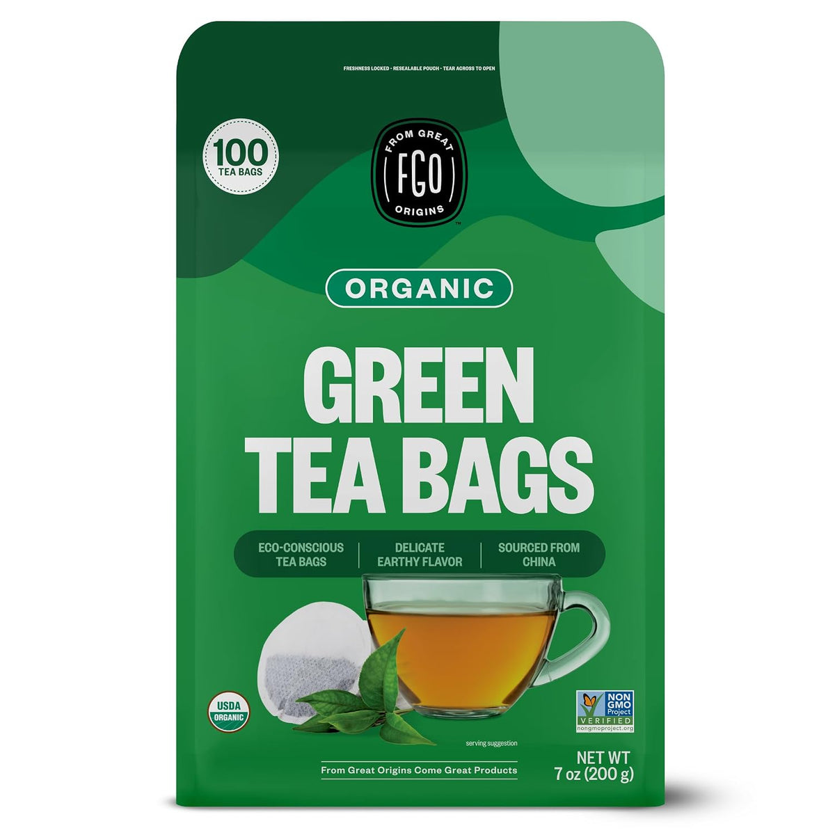 FGO Organic Green Tea, 100 Count Eco-Conscious Tea Bags, Caffeinated, Resealable Pouch, Packaging May Vary (Pack of 1)