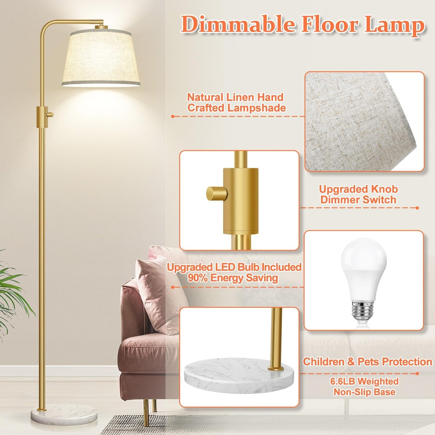 【Upgraded】 Dimmable Floor Lamp, 1000 Lumens LED Edison Bulb Included, Arc Floor Lamps for Living Room Modern Standing Lamp with Linen Shade, Tall Lamp for Bedroom Office Dining Room- Black