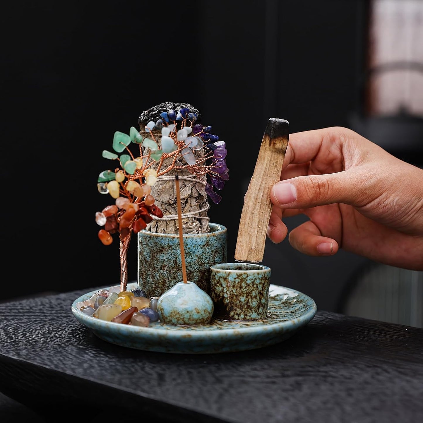 5 in 1 Incense Burner Holder with Crystal Healing Tree, Palo Santo Holder, Sage Holder, Incense Holder for Sticks/Cones/Candles, Ceramic Tray Ash Catcher for Burning Incense, Meditation Gift