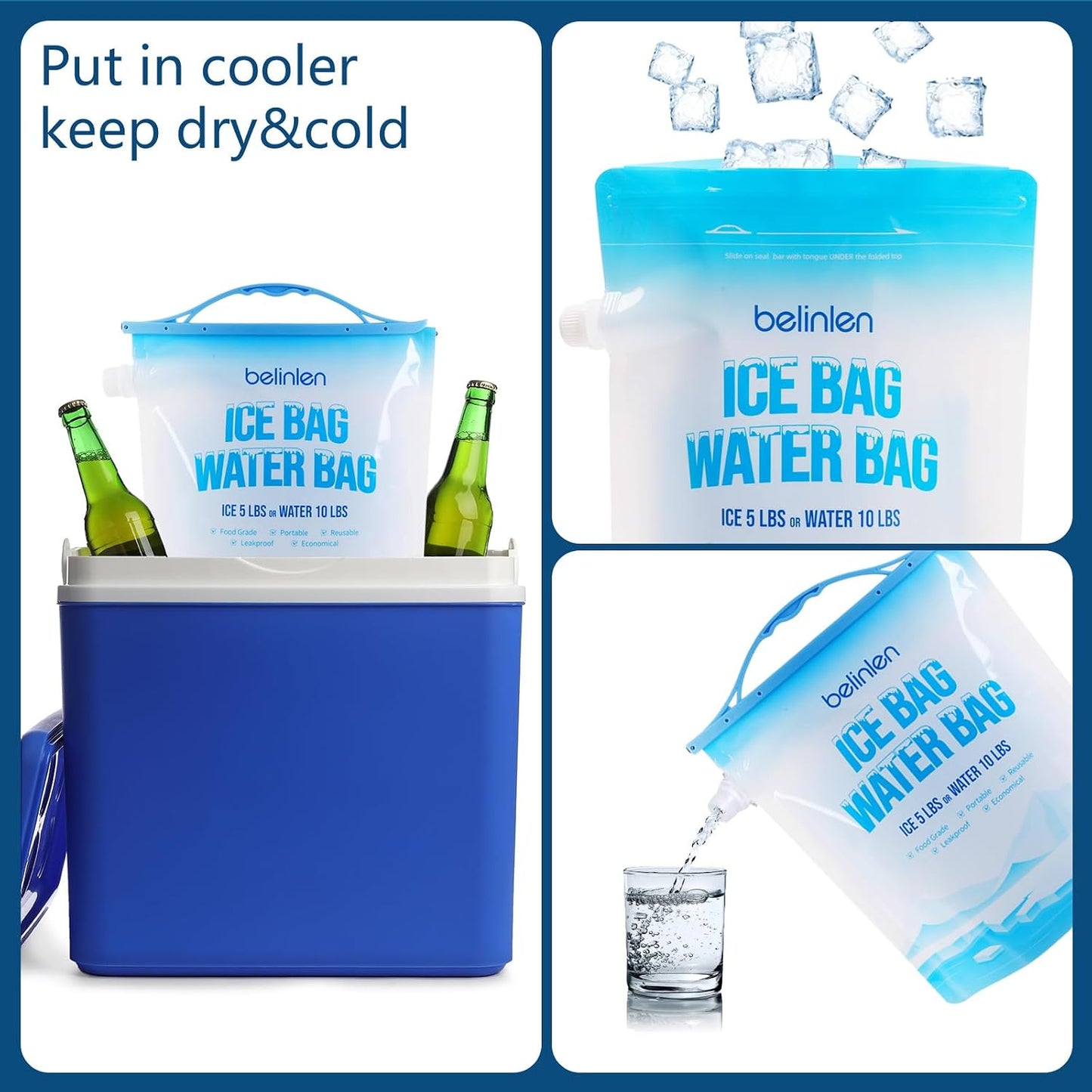 6 Pack Reusable Ice Bags for Cooler 5lb / 10lb Cooler Ice Cube Bag