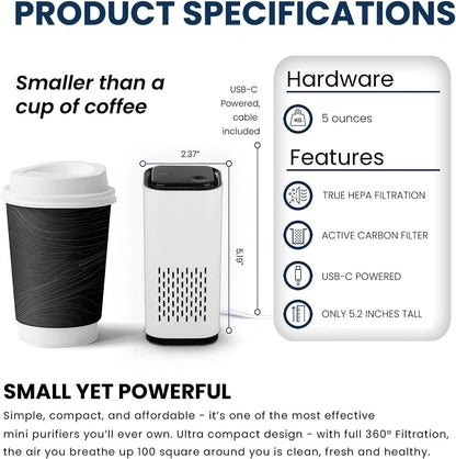 A1 2021 Mini HEPA USB-C Powered Air Purifier. Ultra Portable (5.2in tall, 6.7 ounces), Ultra Quiet. for Travel, In-Car and Desktop (White)