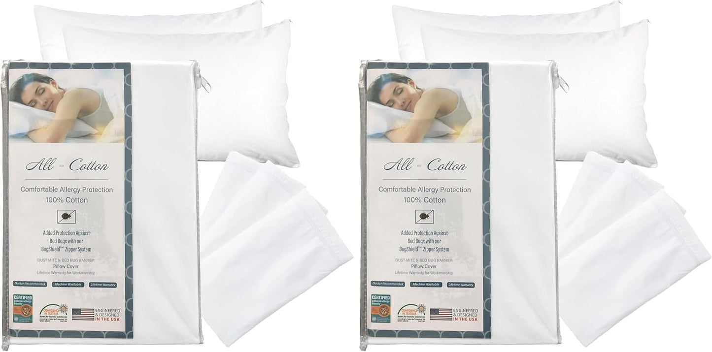 National Allergy Premium 100% Cotton Zippered Pillow Protector - Queen Size - White - 2 Pack - 300 Thread Count - Hypoallergenic Bed Pillowcase with Zipper - Breathable Encasement Cover