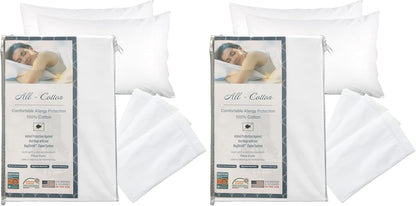 National Allergy Premium 100% Cotton Zippered Pillow Protector - Queen Size - White - 2 Pack - 300 Thread Count - Hypoallergenic Bed Pillowcase with Zipper - Breathable Encasement Cover