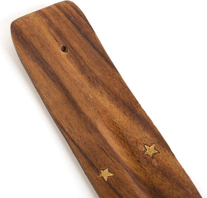 Wooden Incense Holder for Sticks with Inlays of Brass Crescent Moon 10 inches Long
