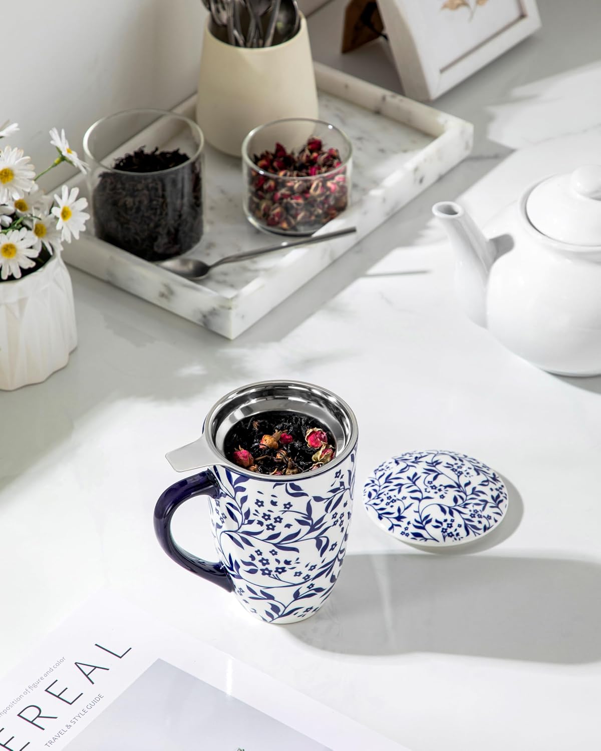 vancasso SELENE Porcelain Tea Mug, 18 oz Porcelain Tea Cup with Infuser and Lid Steeps Loose Leaf Tea, Microwave & Dishwasher Safe, Blossom Cluster