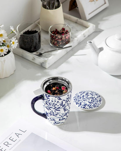 vancasso SELENE Porcelain Tea Mug, 18 oz Porcelain Tea Cup with Infuser and Lid Steeps Loose Leaf Tea, Microwave & Dishwasher Safe, Blossom Cluster