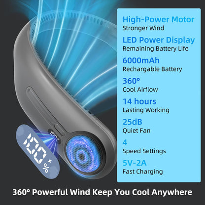 Portable Neck Fan, Personal Wearable Bladeless Fan, 6000mAh USB Rechargeable, 360° Airflow, LED Display, 4-Speeds, Hands Free Fan for Outdoor Indoor, Birthday Gifts for Men Women Dad Mom (Black)
