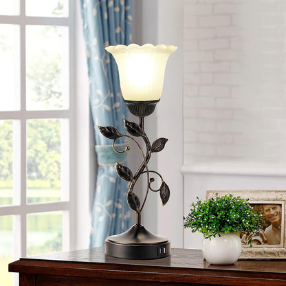 Touch Control Table Lamp with 2 USB Charging Ports, 3-Way Dimmable Bedside Nightstand Lamps, Amber Glass Shade Vintage Rural Leaf Lamp for Living Room, Bedroom, Dresser, LED Bulb Included (Bronze)