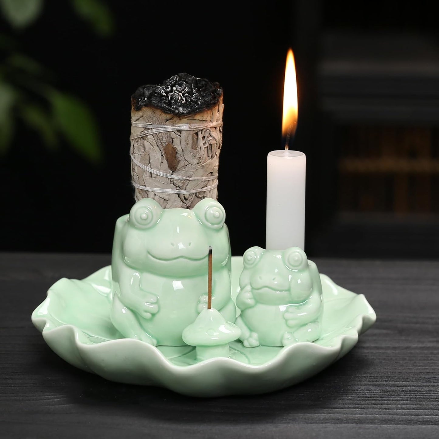 ChangWanna Frog Incense Stick Holder - Ceramic Insence Burner Ash Catcher, Insense Stand with 45 Sandalwood Sticks, Ornament for Aromatherapy/Yoga/Meditation/Home Living Room Office Decor