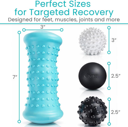 Vive Massage Ball Set (4 Piece) - Plantar Fasciitis Relief Foot Pain Hot Cold Therapy - Heel Spur, Sore Muscle, Trigger Point, Back, Arm, Neck, Shoulder, Leg Circulation Roller