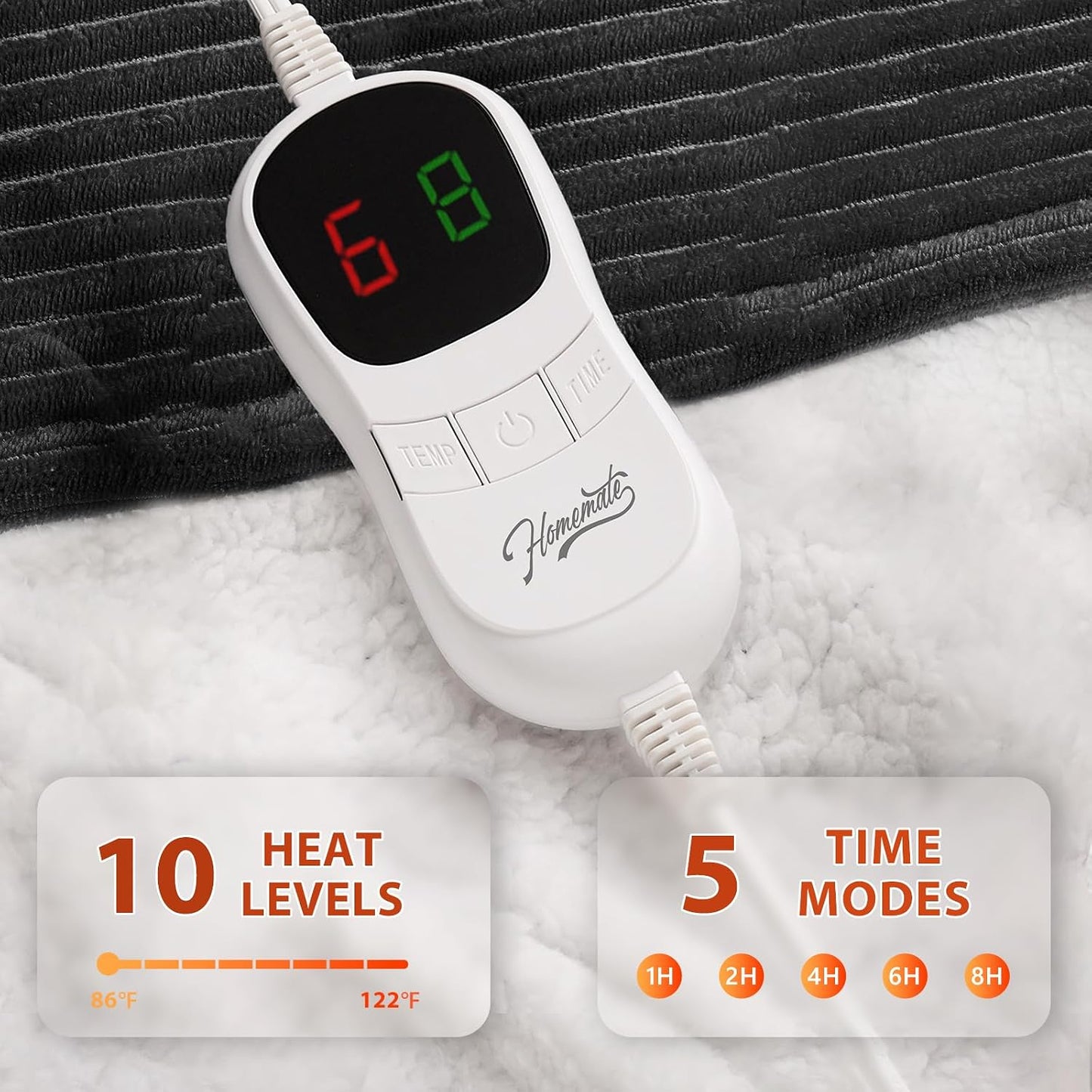 Homemate Heated Blanket Electric Throw - 50"x60" Heating Blanket Throw 1/2/4/6/8 Hours Auto-Off 10 Heat Levels Over-Heat Protection Soft Flannel Sherpa Heater ETL Certification