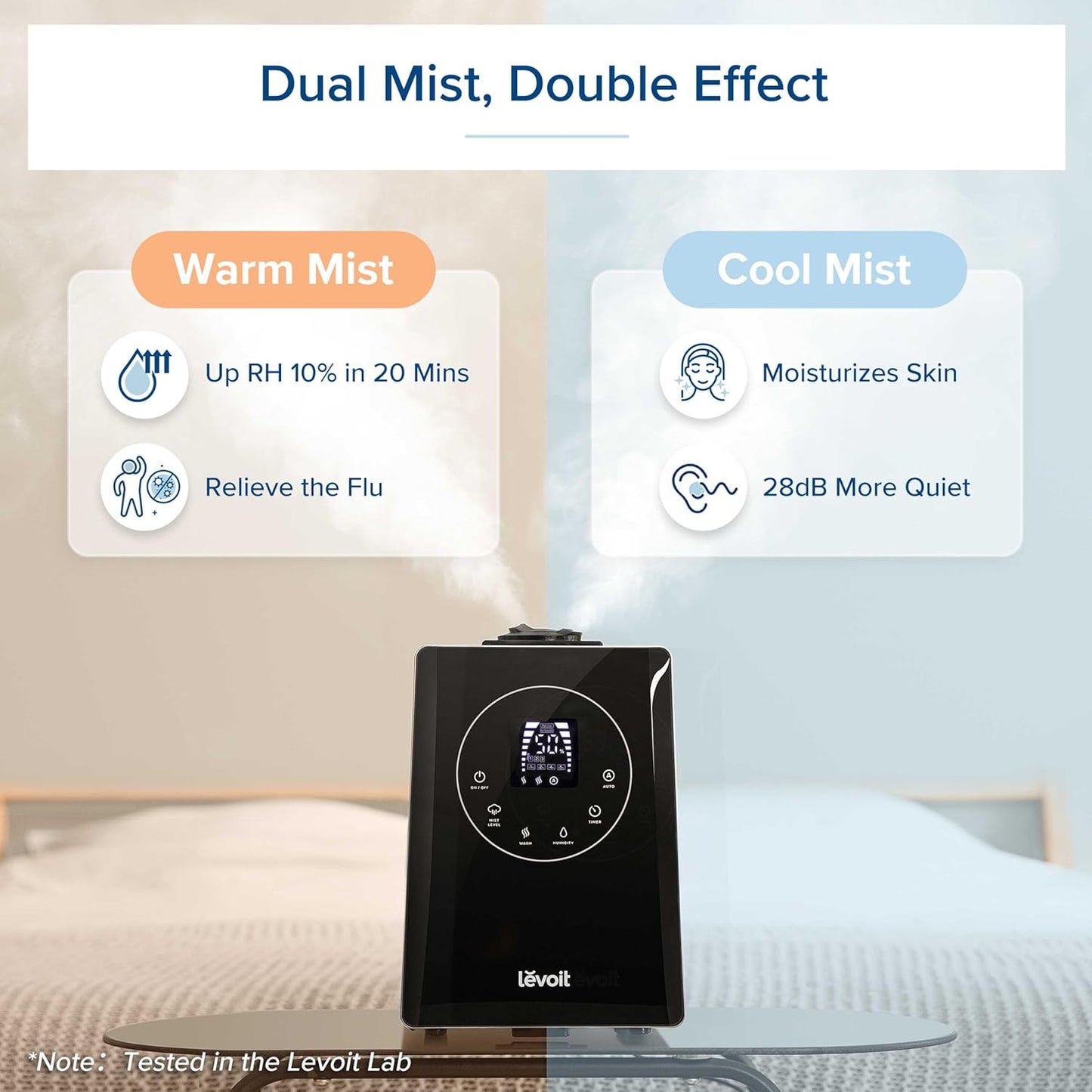 LEVOIT Humidifiers for Bedroom Home, Smart Warm and Cool Mist Air Humidifier for Large Room, Auto Customized Humidity, Fast Symptom Relief, Easy Top Fill, Essential Oil, Quiet, OasisMist4.5L, White