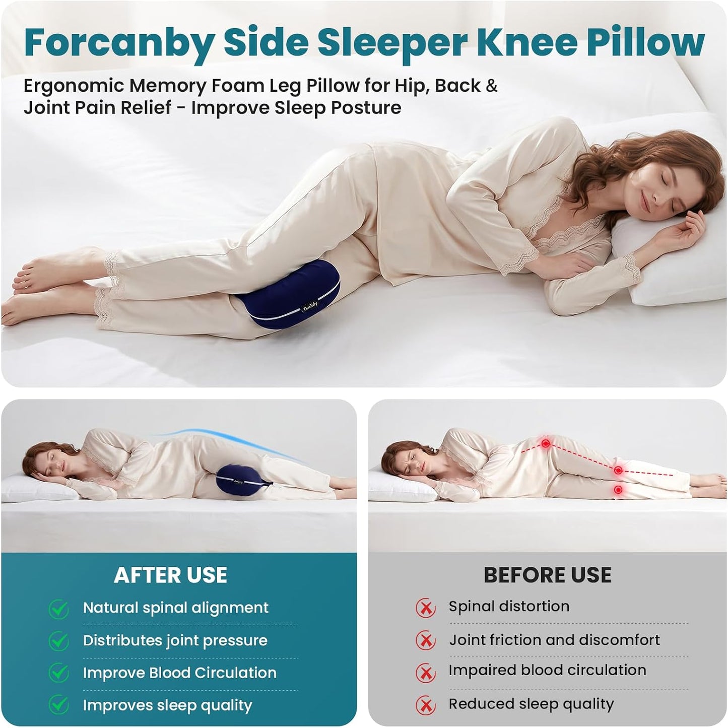 Knee Pillow for Side Sleepers - Smooth Spine Alignment Pillow, Memory Foam Knee Pillows for Back Hip Pain, Spine Aligning, Sciatica, Surgery Recovery, Pregnancy