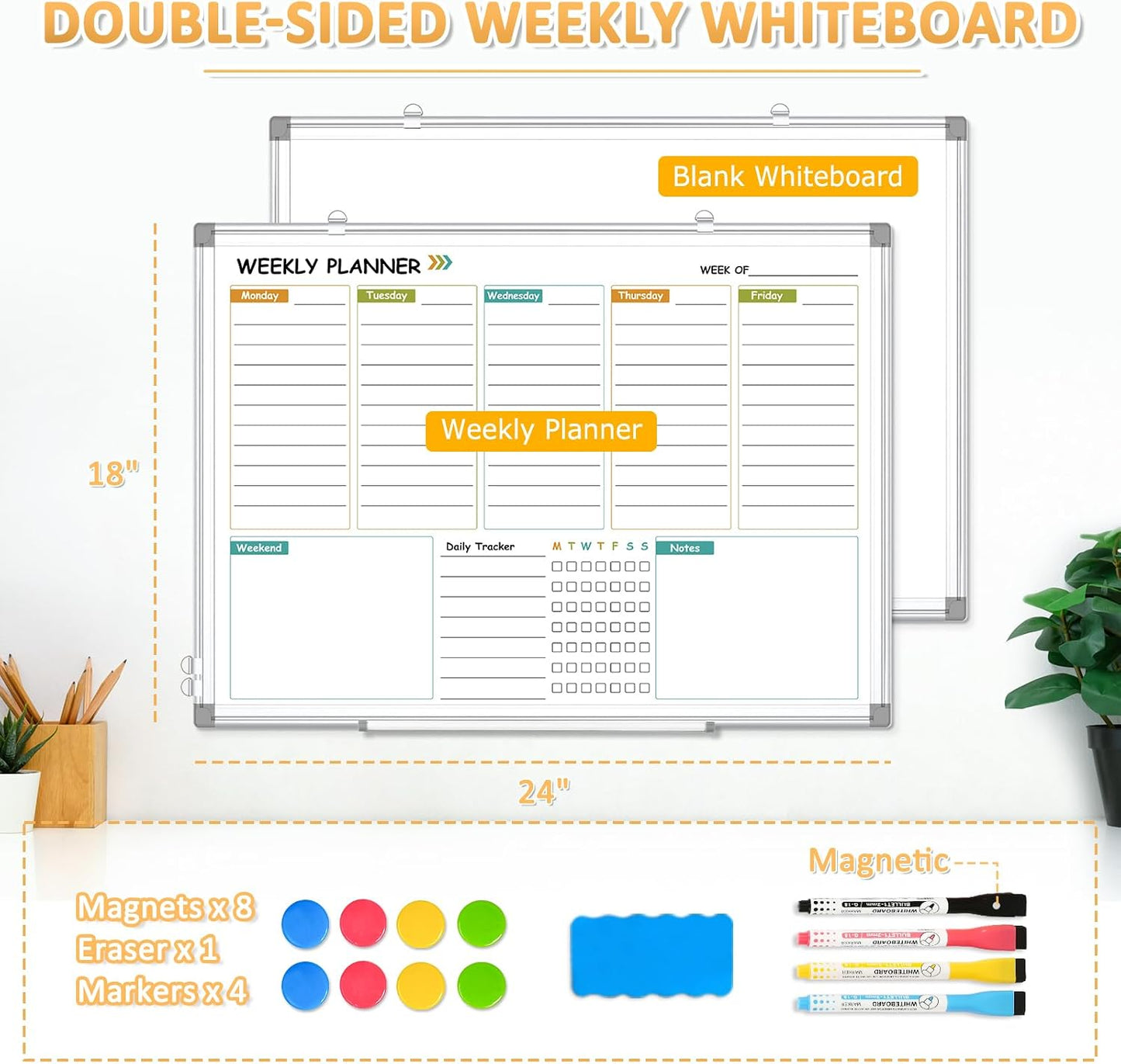 Dry Erase Calendar Whiteboard for Wall, 24"x18" Magnetic Monthly White Board Cork Board Combo, Double Sided, Aluminum Frame, Wall Hanging Wipe Board for Home, Office, School, Dorm